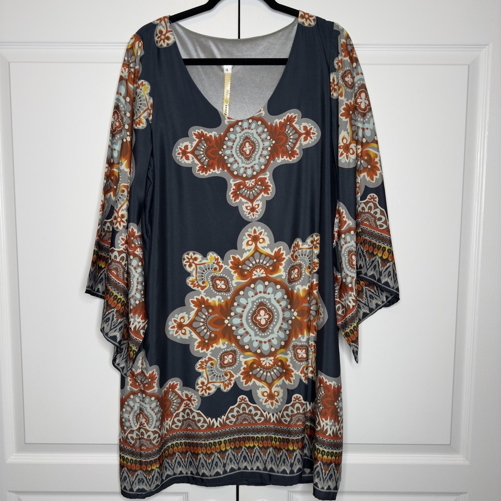 Uncle Frank Dress Womens Large Navy Boho‎ Bell Sleeve Medallion Print Tunic